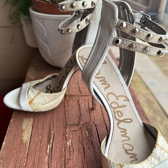 SAM Edelman Women's gladiator Ayda Ankle Strap High silver spike Heels sz 6.5 - Picture 3 of 7
